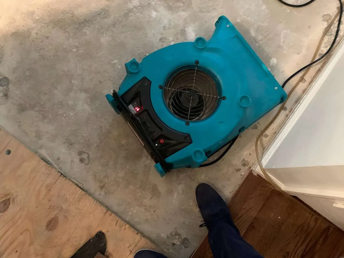 Air mover drying subfloor during Leak Detection & Repair in North Merritt Island